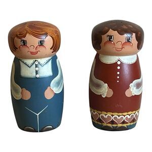 Vtg Folk Art Wooden Salt & Pepper Shakers 5” W/Stoppers Hand Painted Signed